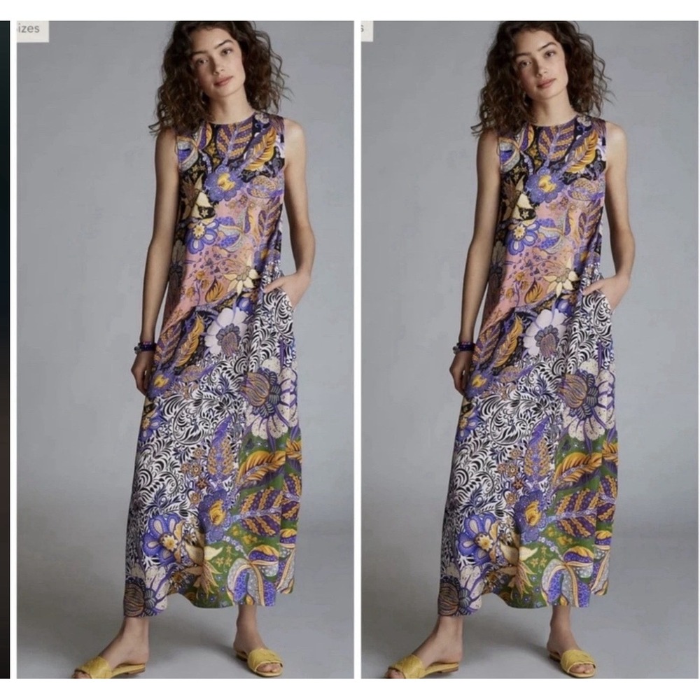 Anthropologie Alanna Maxi Dress Sleeveless Purple Multicolor Floral Sz L Pockets